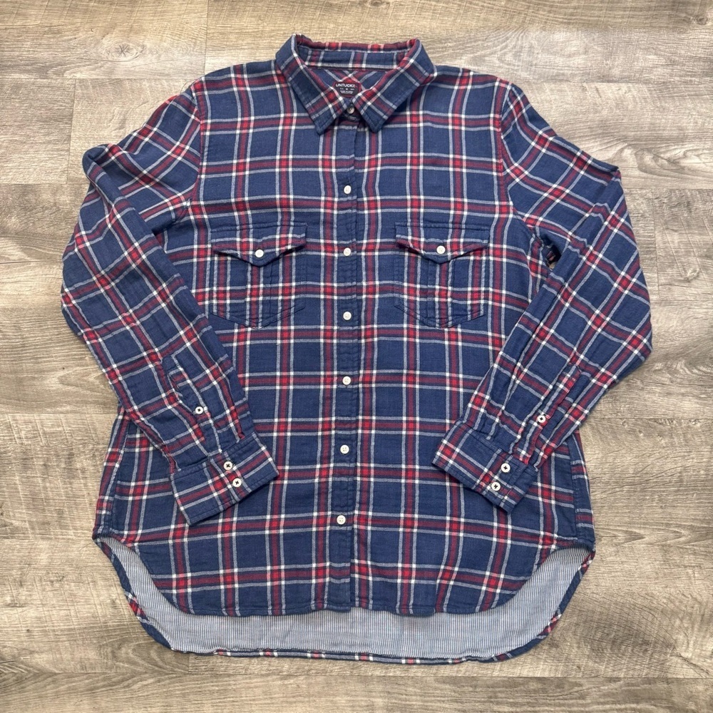 UNTICKit Red/Blue Plaid Long Sleeve Button Down Flannel Womens Sz. 14